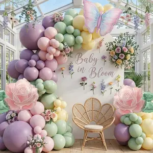 Spring Flower Balloon Garland Kit with Green Pink dusty purple balloons Flower & Butterfly Foil Balloons for Baby in Bloom a little Butterfly Birthday Garden Tea party decorations