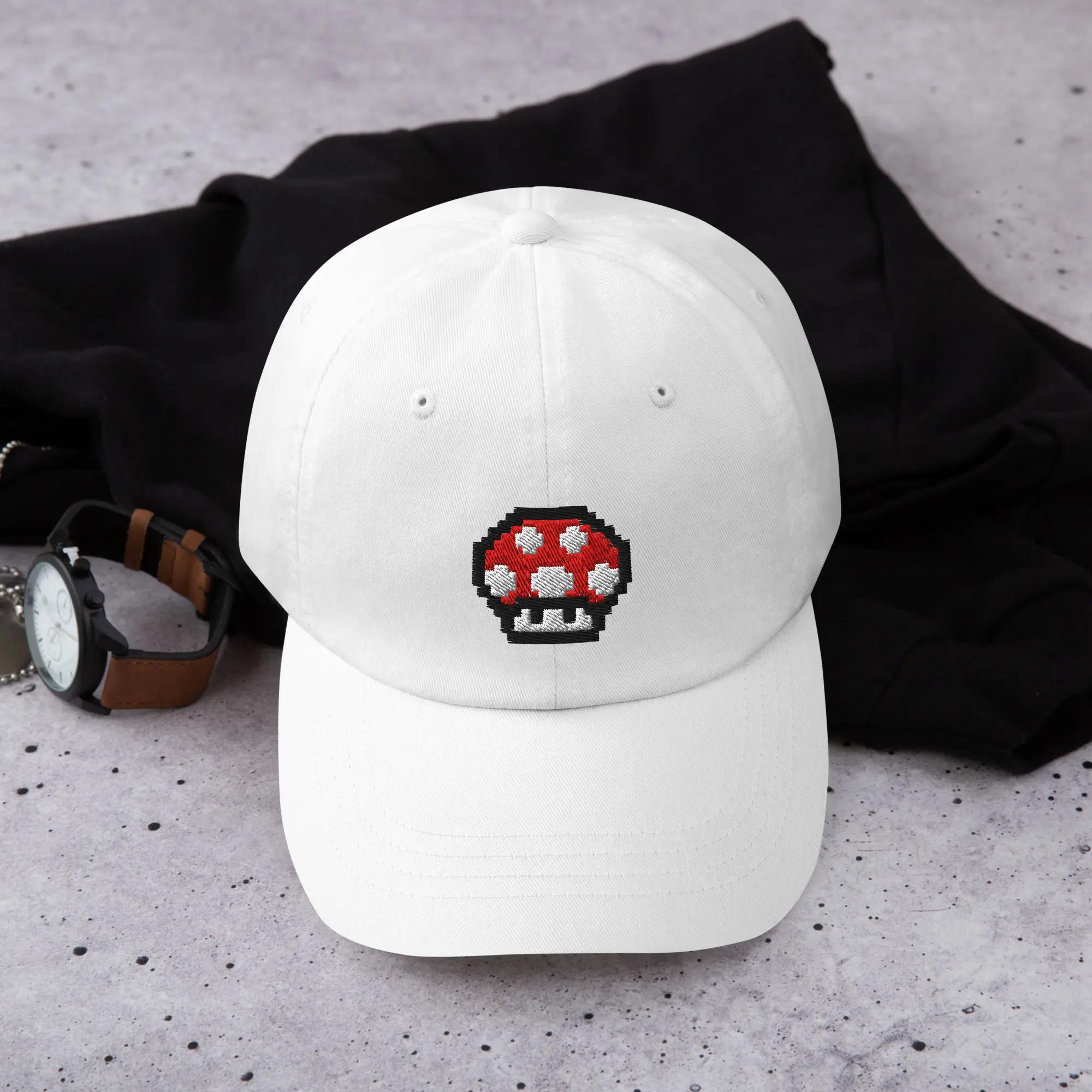 Pixel Mushroom Dad Hat, Retro Game Inspired Baseball Cap, Cute 8 Bit Mushroom Hat, Japanese Gamer Gift, Mushroom Power-Up Graphic