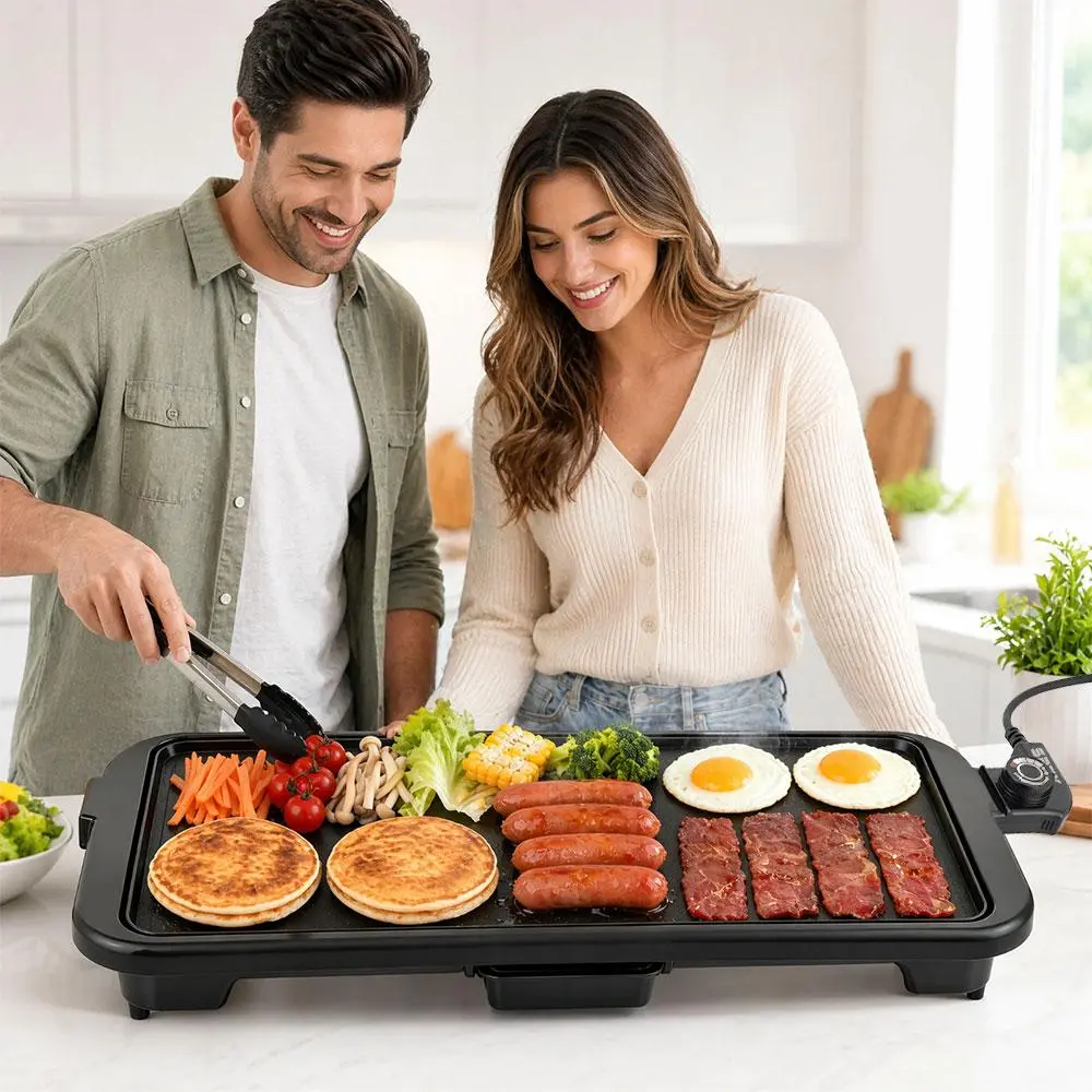 SPZTJK  Non-Stick Electric Griddle  Electric Grill  - for BBQ, Steak, Eggs, Pancakes, Crepes & Tortillas | Oil-Free Cooking, Adjustable Temperature with Grease Tray - Ideal for Family Gatherings & Casual Grilling