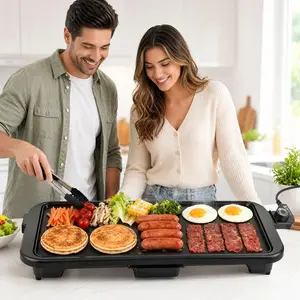 SPZTJK  Non-Stick Electric Griddle  Electric Grill  - for BBQ, Steak, Eggs, Pancakes, Crepes & Tortillas | Oil-Free Cooking, Adjustable Temperature with Grease Tray - Ideal for Family Gatherings & Casual Grilling