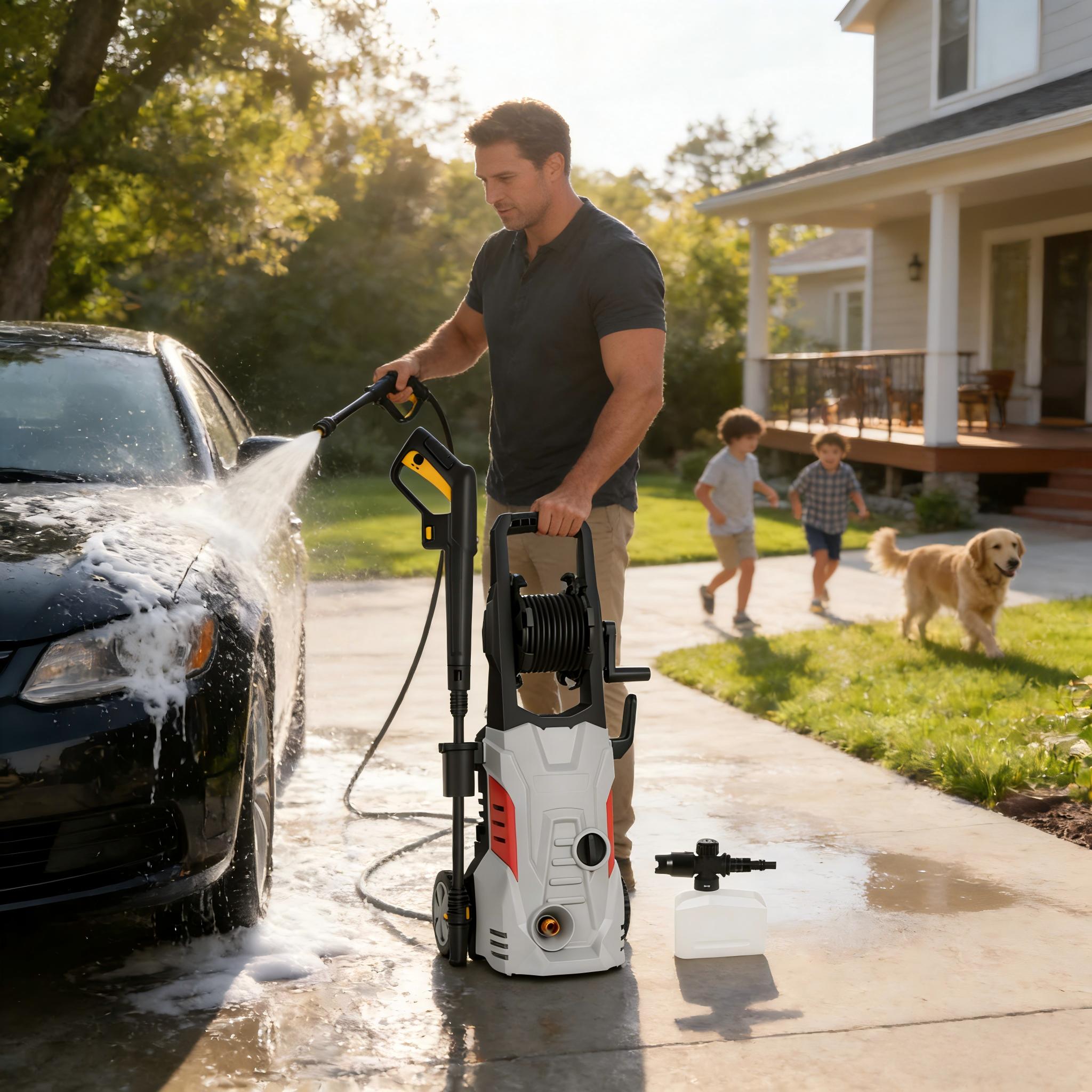 Electric high-pressure washer, US plug, metal construction, car fence and yard cleaning tool, includes hose accessories