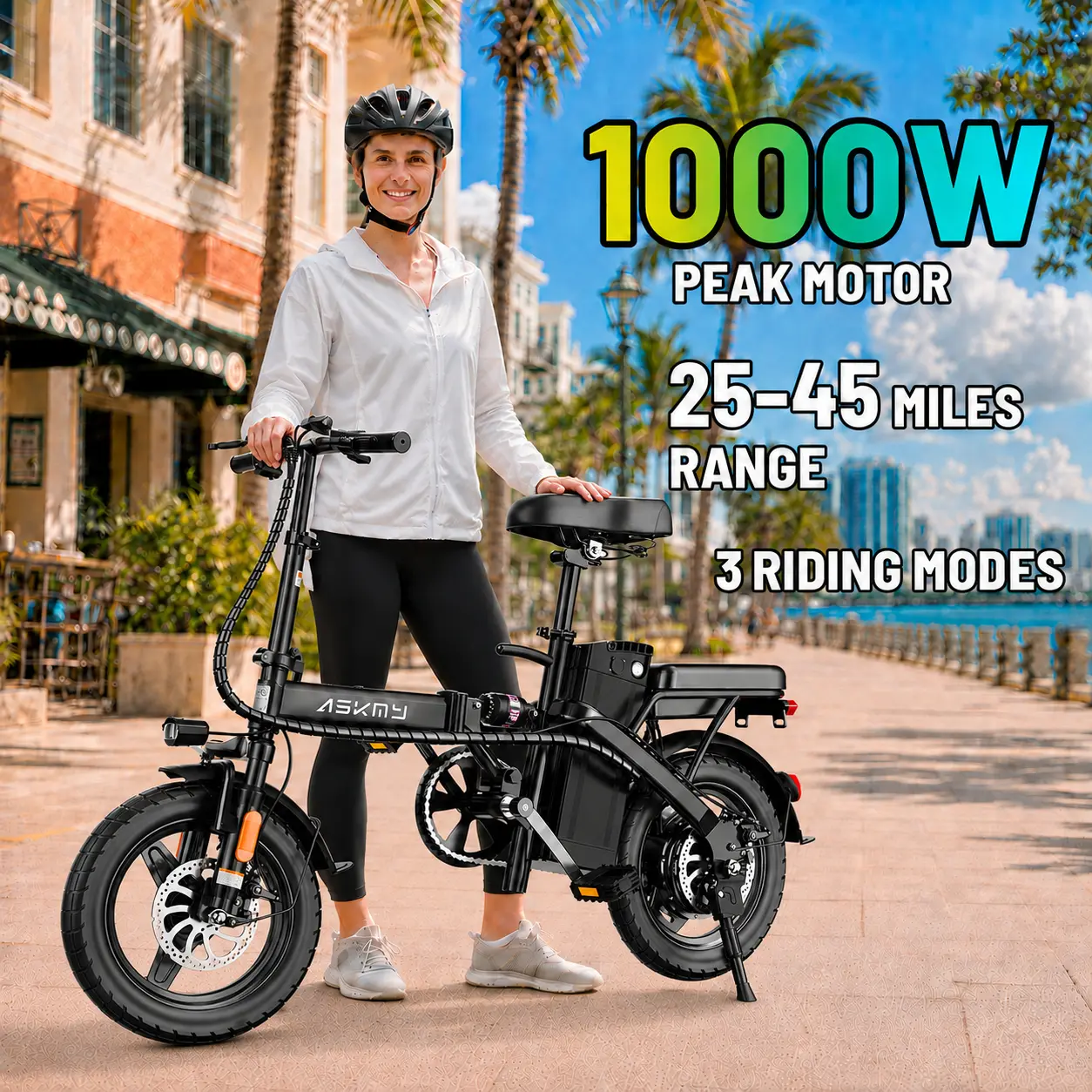 ASKMY E14 Lightweight Foldable Electric Bike, 1000W Peak Motor, 48V 20Ah Removable Battery, Up to 45 Miles Long Range, 14” Tubeless Tires, Front & Rear Dual Disc Brakes, Dual Seat Design, UL Certified Battery, Urban Commuter Electric Bike