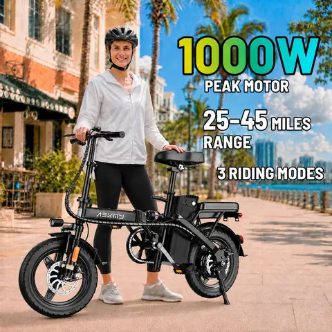 ASKMY E14 Lightweight Foldable Electric Bike, 1000W Peak Motor, 48V 20Ah Removable Battery, Up to 45 Miles Long Range, 14” Tubeless Tires, Front & Rear Dual Disc Brakes, Dual Seat Design, UL Certified Battery, Urban Commuter Electric Bike