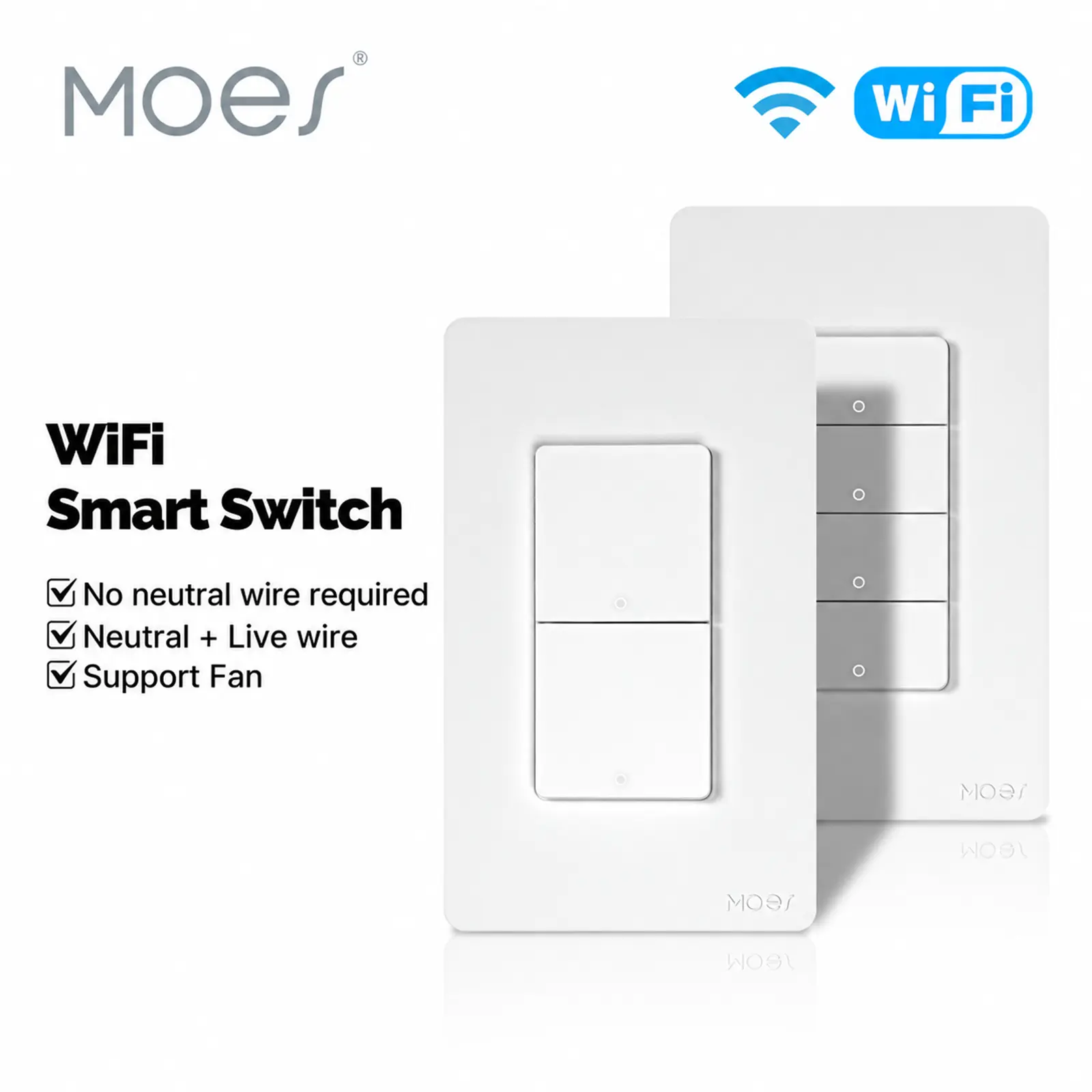 MOES WiFi Enabled Touch Control Wall Light Switch, 1/2/3/4 Gang, Neutral-Live Wiring, Works with Alexa & Google Home - 3-Way Multi-Control Association, Fireproof Glass Panel