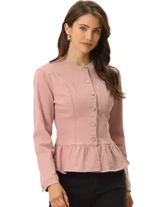 INSPIRE CHIC Peplum Denim Jackets Collarless Round Neck Button Down Cropped Ruffle Hem Jacket