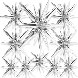 PartyWoo Metallic Silver Star Foil Balloons 10pcs Different Sizes Pack of 42 27 22 Inch Explosion Spike Mylar Balloons for Graduation Wedding Anniversary Bachelorette Birthday Party Decorations