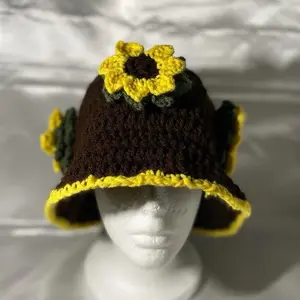 Crochet Sunflower Bucket Hat with Yellow Trim and Sunflower Accent for Stylish Wear