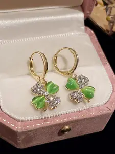 1pair Heart Shaped Green Cats Eye Stone & Four-Leaf Clover Design Earrings For St. Patrick's Day