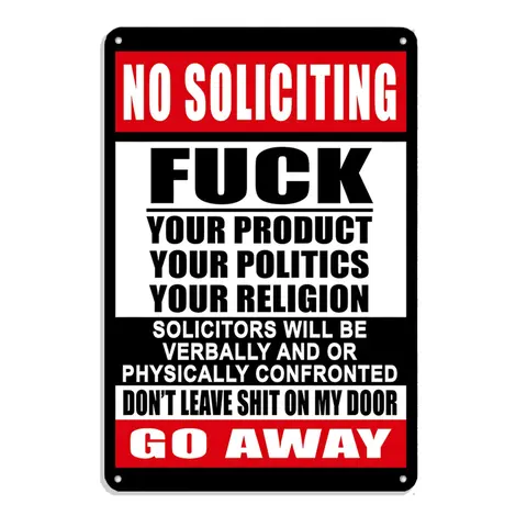 Humorous 12"x8" Rectangular Durable Aluminum Tin No Soliciting Plaque Sign - Bold Statement, Screw-Mounted Easy Install, Universal Home Supplies, Indoor-Outdoor Decor, Gift-Worthy Joke Sign