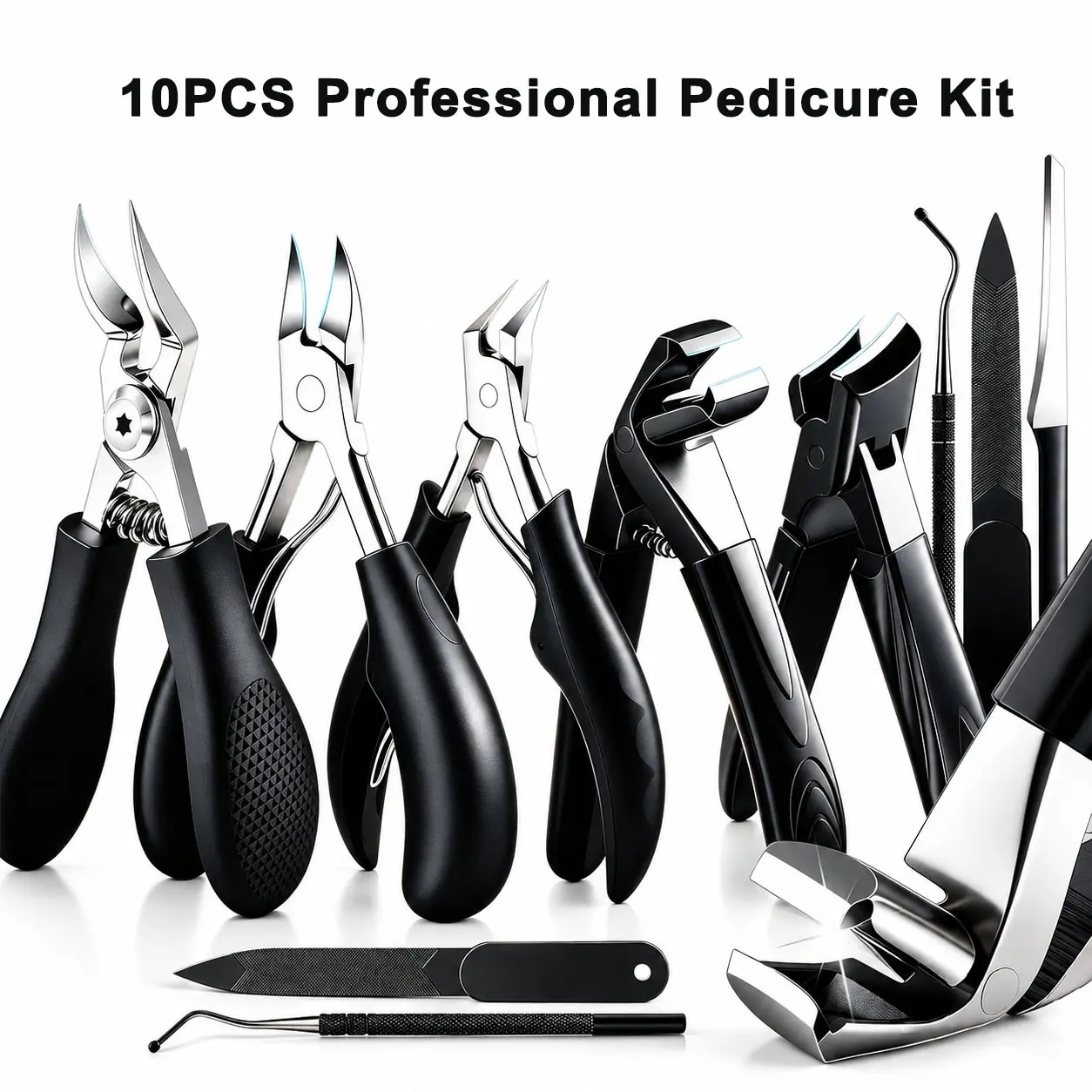 10PCS Professional Stainless Steel Manicure & Pedicure Kit - Heavy-Duty Long-Handle Wide-Jaw Curved Blade Toenail Clippers for Thick Nails (Seniors, Adults)