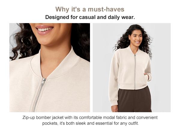 ODODOS Modal Soft Full-Zip Bomber Jacket for Women Long Sleeve Casual Fall Outfit Crop Top with Pockets