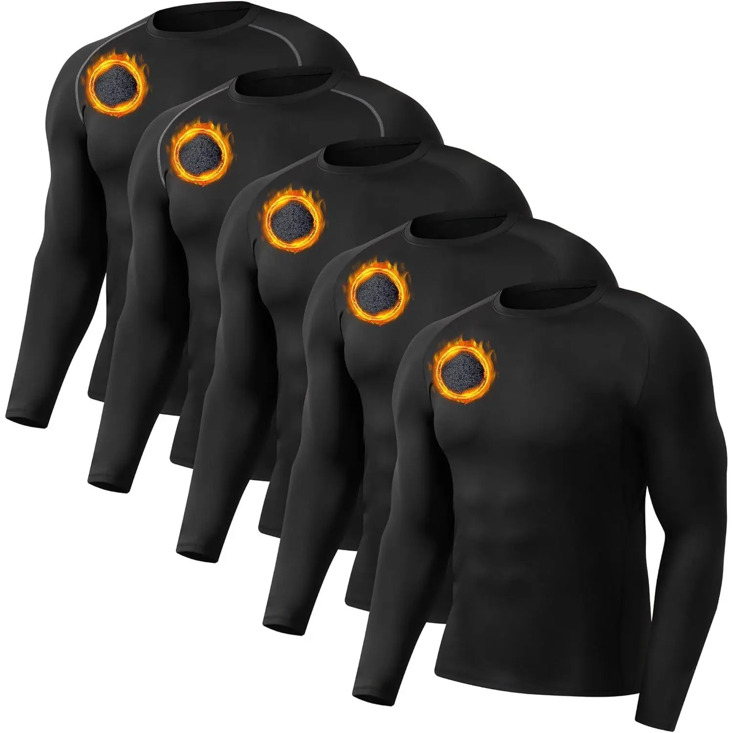 Men's 5-Pack Compression Shirts (3 Black, 2 Gray), Soft Fleece-Lined Thermal Base Layer, Long-Sleeve High-Stretch Polyester Spandex for Sports
