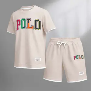 Men's Polo Print Drawstring Shorts Set For Spring/Summer. A Casual Summer Outfit, Including A Short-Sleeved Shirt And Shorts, Suitable For Everyday Wear And Sports. A Two-Piece Set For A Relaxed And Energetic Lifestyle.
