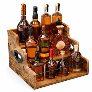 3&4 Tier Wooden Wine Rack With Handle Freestanding Liquor Storage Countertop Shelf Farmhouse Style Whiskey Spirits Display Organizer for Home Bar Kitchen Dining Room Cabinet Decor