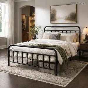 Full Size ARCH Metal Bed Frame, Victorian Style Headboard, Victorian Style Footboard, Under Bed Storage, No Box Spring Needed, Black, Bed Frame Full Bed, Full Size Bed Frames Bedframe Bedroom Furniture