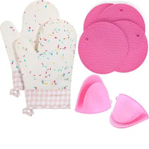 Silicone Oven Mitts Set, 8 Counts/set Including 2 Oven Mitts & 2 Pot Holders & 4 Round Mats, Heat Resistant Oven Gloves, Kitchen Accessories