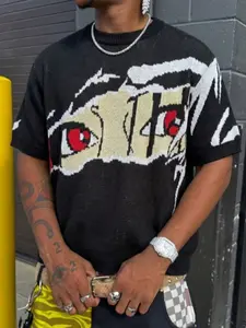 Anime Ninja Print Knit Top, Casual Loose Fit Short Sleeve, Round Neck Drop Shoulder, Comfortable Spring & Fall Fashion