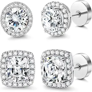4-piece set of sparkling moissanite style earrings for men and women, VVS cut gold and silver dual tone silver plated halo cubic zirconia jewelry, flat back round and square, holiday, birthday gift, ball shaped long nail white thick studs Retro Fashion