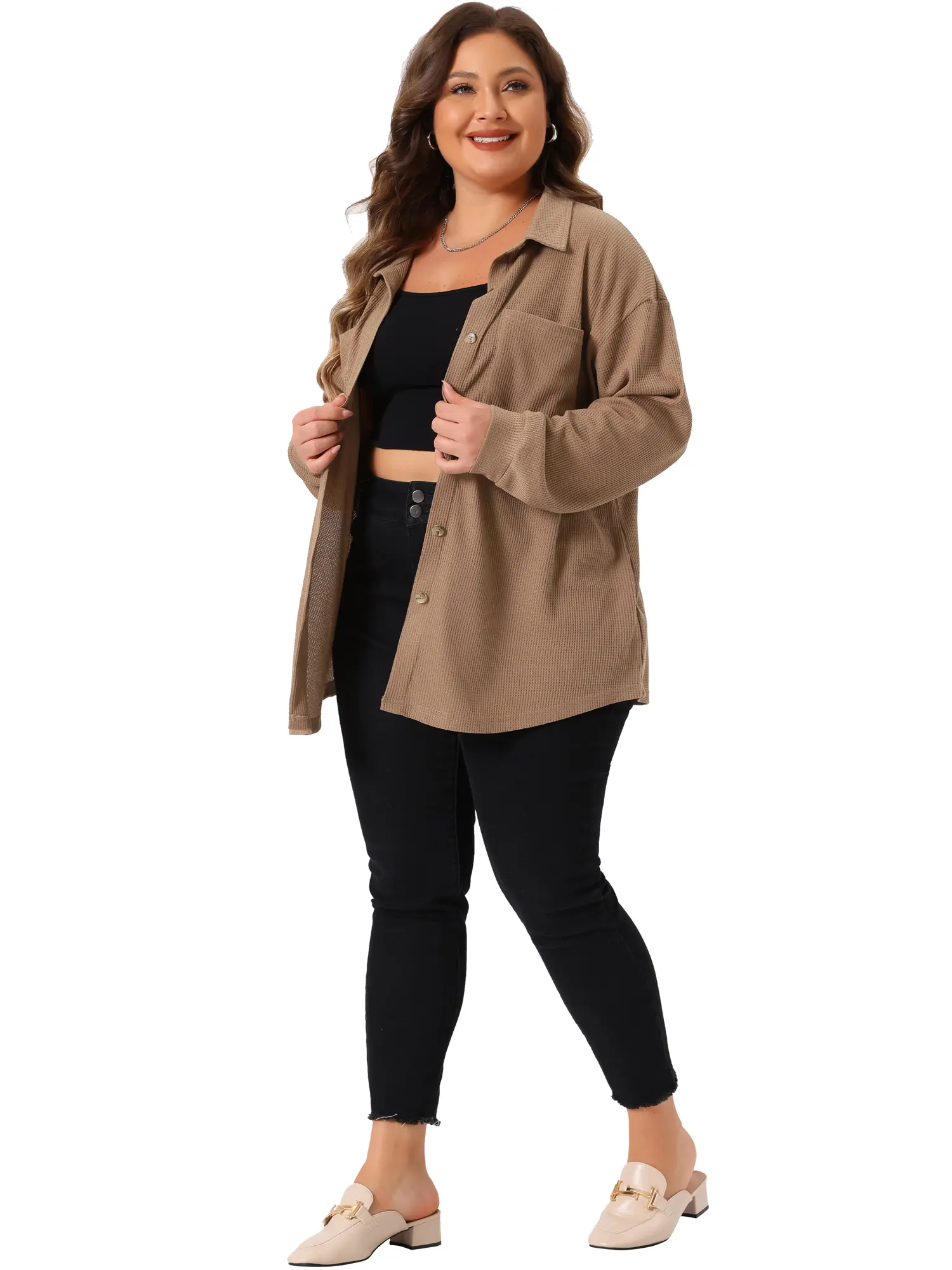 Agnes Orinda Plus Size Shirt Jacket for Women Waffle Knit Shacket Button Down Shirts Long Sleeve Tops