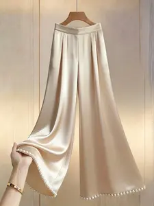 High-Waisted Wide Leg Pants With Pearl Trim, Champagne Gold Satin Fabric, Elegant And Slimming, Suitable For Parties, Commuting And Versatile Occasions Satin Palazzo Pants Cream Palazzo Pants Palazzo Pants Women Elegant Pants For Women Pearl Hem Pants Ele