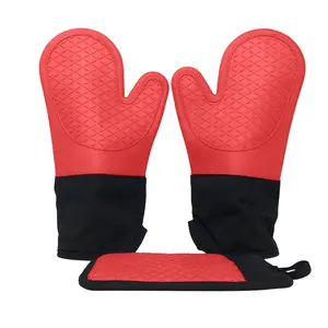 Silicone Oven Mitts and Pot Holder Set, Heat Resistant, Cook, Bake, BBQ, Pack of 3 Red