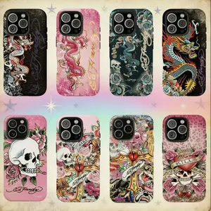 Pink Ed Hardy Skull Leopard Tattoo iPhone Case Aesthetic Y2k Trendy Tiger Ed Hardy Collage Phone Casefor iPhone 17 16 15 14 13 12 11 ProMax Plus, suitable for both men and women, Perfect Gift for Women Men
