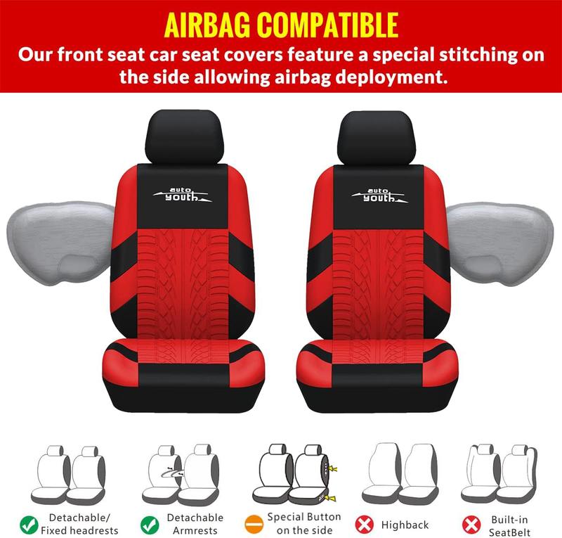 Car Seat Covers for 5 Seats Universal, Fabric Breathable Car Front & Rear Seat Protectors, with Tire Track Details, Airbag Compatible, Full Protection, Fits Most Cars Trucks Vans SUVs, Red Vehicle Seat Covers, Truck Accessories, Car Interior Accessories