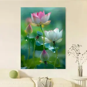 Framed Canvas 1pc Emerald Lotus Leaves And Beautiful Packaging Wooden Frame Home Decoration Classic Decorative Art Style Suitable For Bedroom, Living Room, Coffee Shop, Dormitory, Bathroom, Package Frame, Mother'S Day, Easter, Dormitory Decoration, W