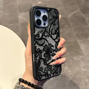 Chic Magnetic Case for iPhone11/12/13/14/15/16/17/promax Black Lace Pattern MagSafe Ready, Anti-Slip, Ultra Thin | Aesthetic Touch for Daily Use