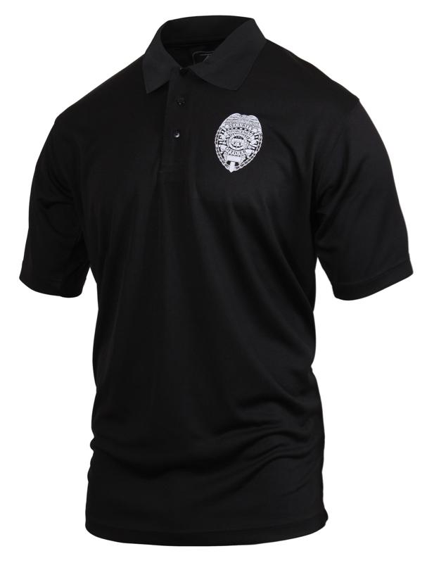 Rothco Moisture Wicking Security Guard Polo with Printed Badge - Menswear Shortsleeve Black Polyester Uniform Shirt for Security Personnel, Security Guards Bouncers Event Staff Public Safety Man Top 3-Button Collar
