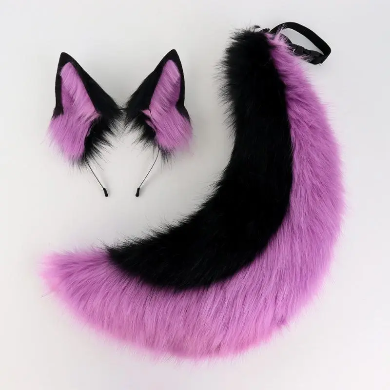 2Pcs/set Animal Fursuit Ears Tail Halloween Party Cosplay Headwear Plush Beast Wolf Tails Fox Ears Hair Band Furry Dog COS Tail