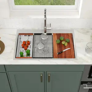 Logmey 33x19 Drop In Kitchen Sink 33 Inch Stainless Steel Workstation Sinks SUS304 16 Gauge Topmount Ledge Single Bowl Overmount Kitchen Sinks 33x19x9