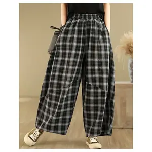 Plus Size Women's Wide Leg Pants MV3806507 - Elegant Non-Stretch Trousers with Double Side Pockets, Black & Plaid, Machine Washable, All-Season, Relaxed Fit, 100% Polyester, Fashionable & Durable - Womenswear