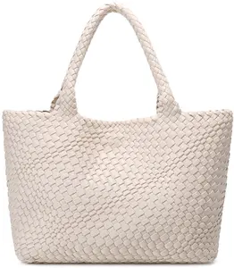 Queenoris Woven Bag for Women, Fashion Top Handle Shoulder Bag Vegan Leather Shopper Bag Large Travel Tote Bag