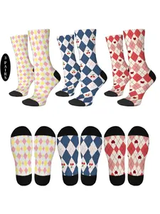 3 pairs of unisex classic diamond-patterned crew socks, trendy retro novelty compression mid-tube socks, comfortable and warm, fun daily leisure work wear socks, couples, lovers, friends, party and holiday gifts socks