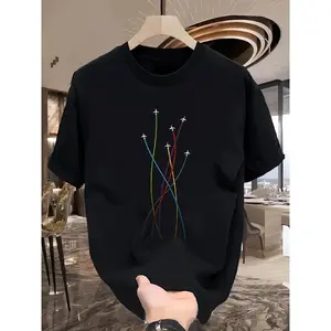 Colorful Airplane Geometric Print  Cotton Short Sleeve T-Shirt - Casual Round Neck Ribbed Detailing, Machine Washable Regular Fit All-Season Comfort, Travelthemed Apparel, Modern Ribbed Detailing, Nontransparent Fabric Menswear Top