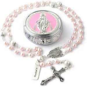 6mm Glass Pearl Beads with 8mm Our Father Beads with Caps Rosary Pack in Miraculous Metal Gift Box
