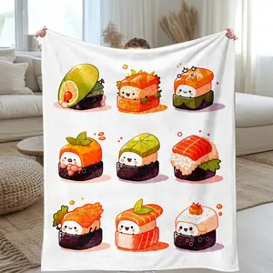 Cute Sushi Pattern Flannel Blanket, Soft Skin-Friendly Warm Throw, Easy to Store, Ideal for Home Office Travel, Perfect Gift for Sushi Lovers
