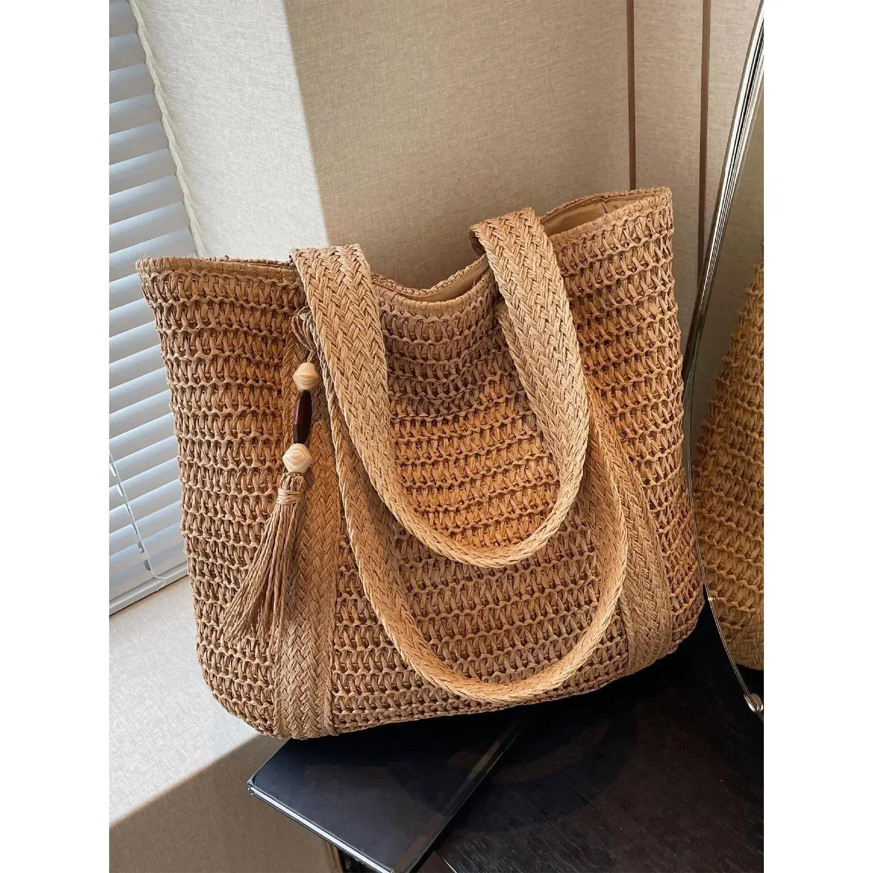 Women's Plain Straw Beach Bag - Multi-Function, Large Capacity, Fringe Accessory - Ideal for Vacation, Outdoor Use, Stylish and Versatile, Straw/Bamboo