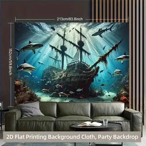 1 Piece Polyester 2D Plaid Backdrop Fabric, Durable Underwater Shipwreck & Marine Life Banner, Suitable for Photography, Live Streaming - Indoor/Outdoor Home Decor, No Power Required, Easy to Use