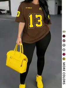 Women's Casual Fashion Streetwear Short Sleeve Top, Geometric Letter Print, Fitted Jersey, Street Style, Perfect for Holidays, Travel, Birthday