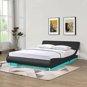 HGD Faux Leather Upholstered Platform Bed Frame,LED lighting with remote controller and APP,Curve Design,Wood Slat Support,No Box Spring Needed,Easy Assemble,Queen Size,Black fluffybedframe floating bedframe