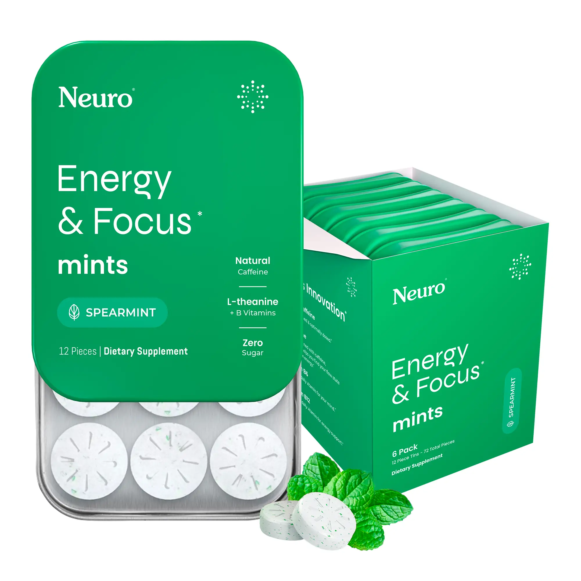 Neuro Energy Caffeine Mints (72 Pieces) - Sugar-Free Nootropic Mints for Energy & Focus with L-theanine, Natural Caffeine, Vitamin B12 & Vitamin B6 -