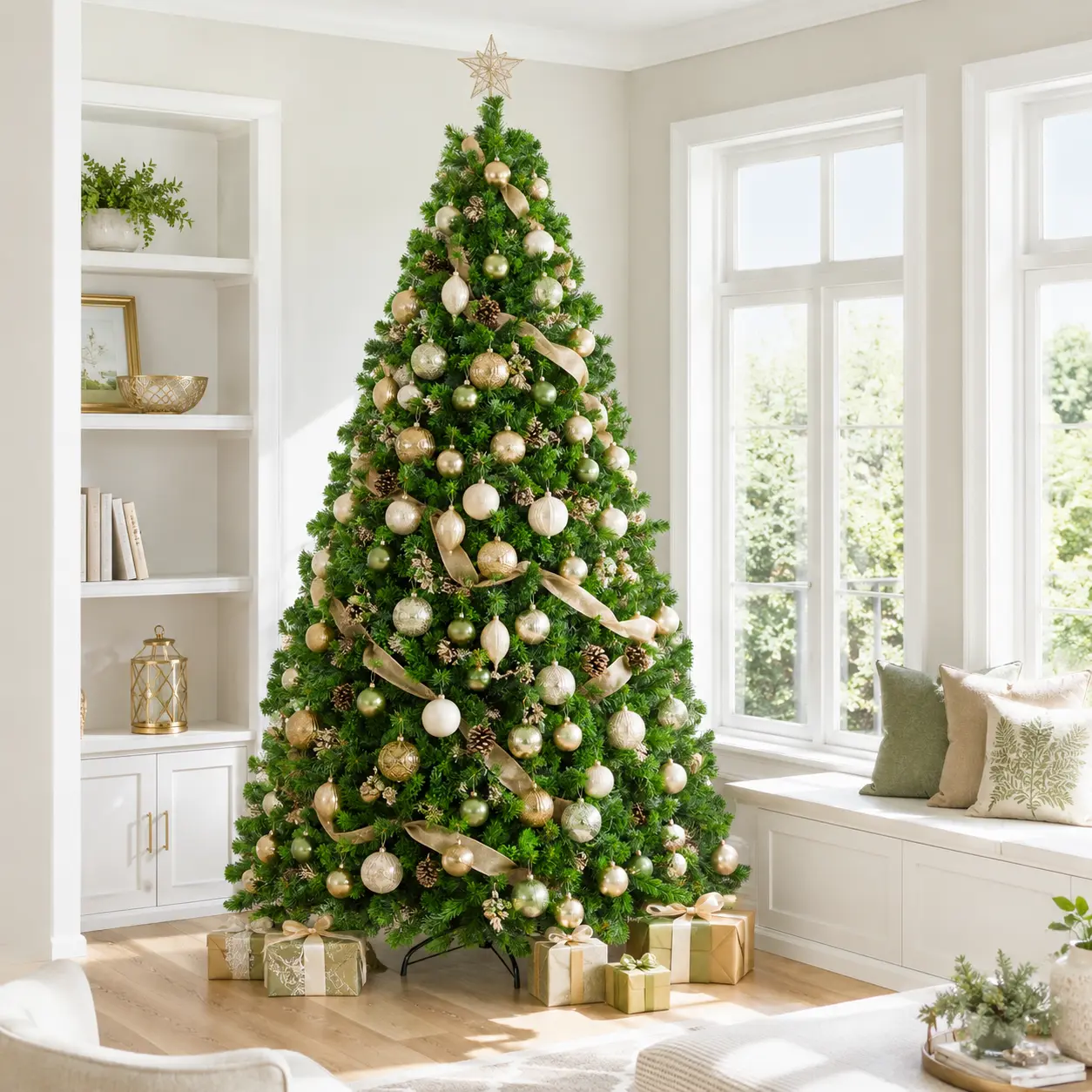 Costoffs Pre-lit Flocked Artificial Christmas Tree (4.5/6/7.5/9FT) with Warm White Lights, Hinged Metal Ornaments Set, Indoor/Outdoor Holiday Decoration for Living Room Apartment, Pvc + Steel