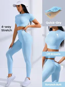Christin Solid Seamless High Stretch Crop Tee & Leggings Workout Women Set Women Leggings Set Gym Women Outfit