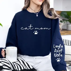 Personalized Cat Mom Sweatshirt with Pet Name on Sleeve, Custom Cat Mama Sweatshirt, Pet Lover Gift, Personalized Gift for Cat Mom, Mother's Day