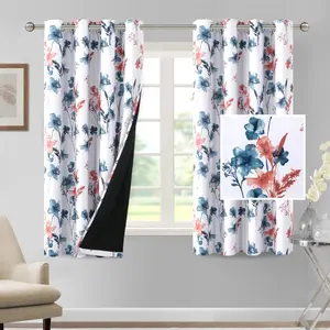 100% Blackout Curtains 63 inch Length 2 Panels Set Cattleya Floral Printed Drapes Leah Floral Thermal Curtains for Bedroom with Black Liner Sound Curtains, Stone Blue and