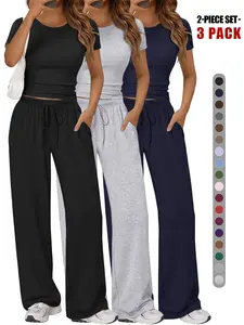 Solid Color Round Neck Tee & Flare Leg Pants Loungewear, Casual Comfy Pyjama Set, Women's Sleepwear for All Seasons, Homewear 2026