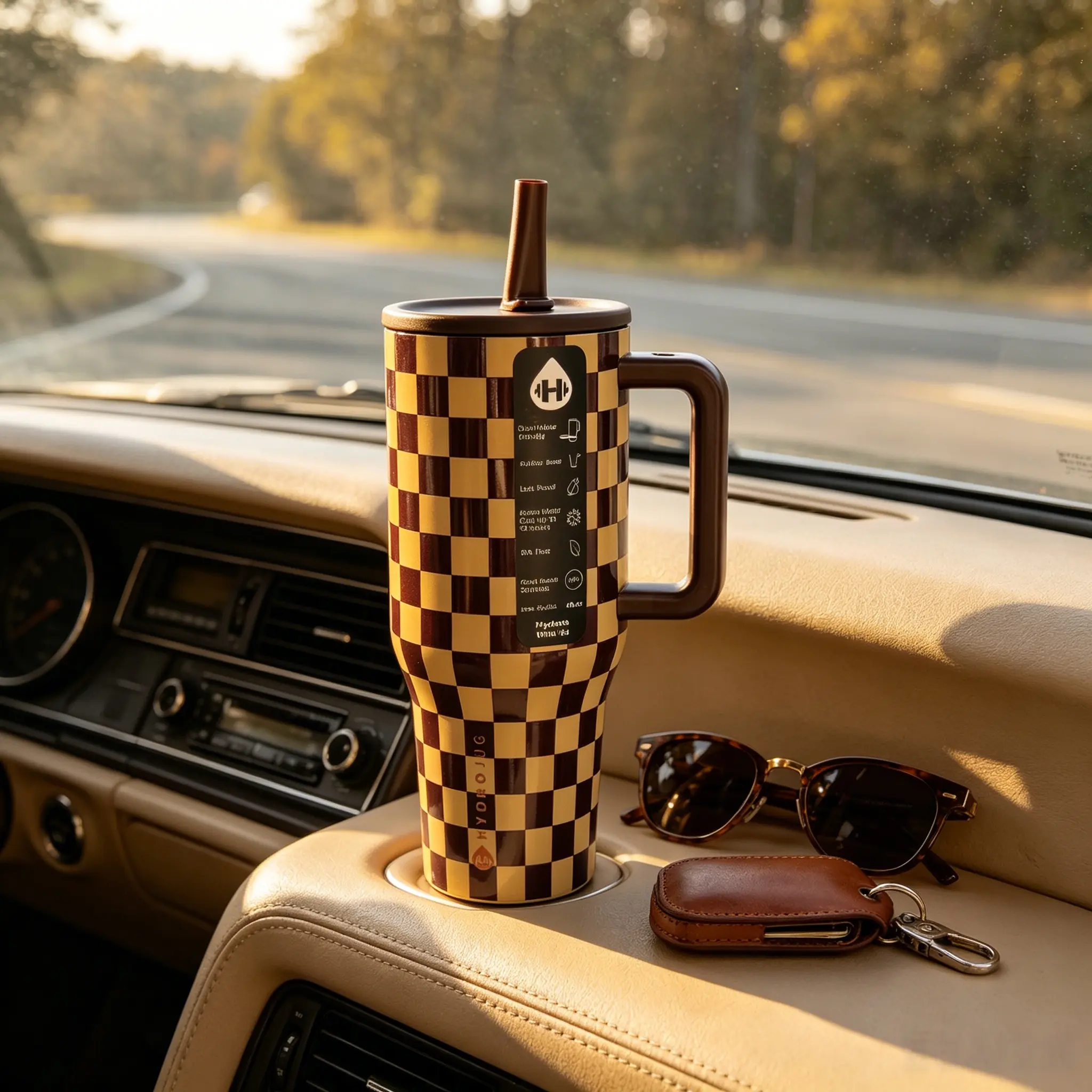 HydroJug 40oz Stylish Brown Checkered Insulated Stainless Steel Flask - Portable, Heat Resistant, Leak Proof, 24 Hours Hot & Cold Retention, Brown Handle, Retro Checkerboard Travel Mug for Car, Office, Daily Hydration (Fits Coffee & Gym Use), Flasks