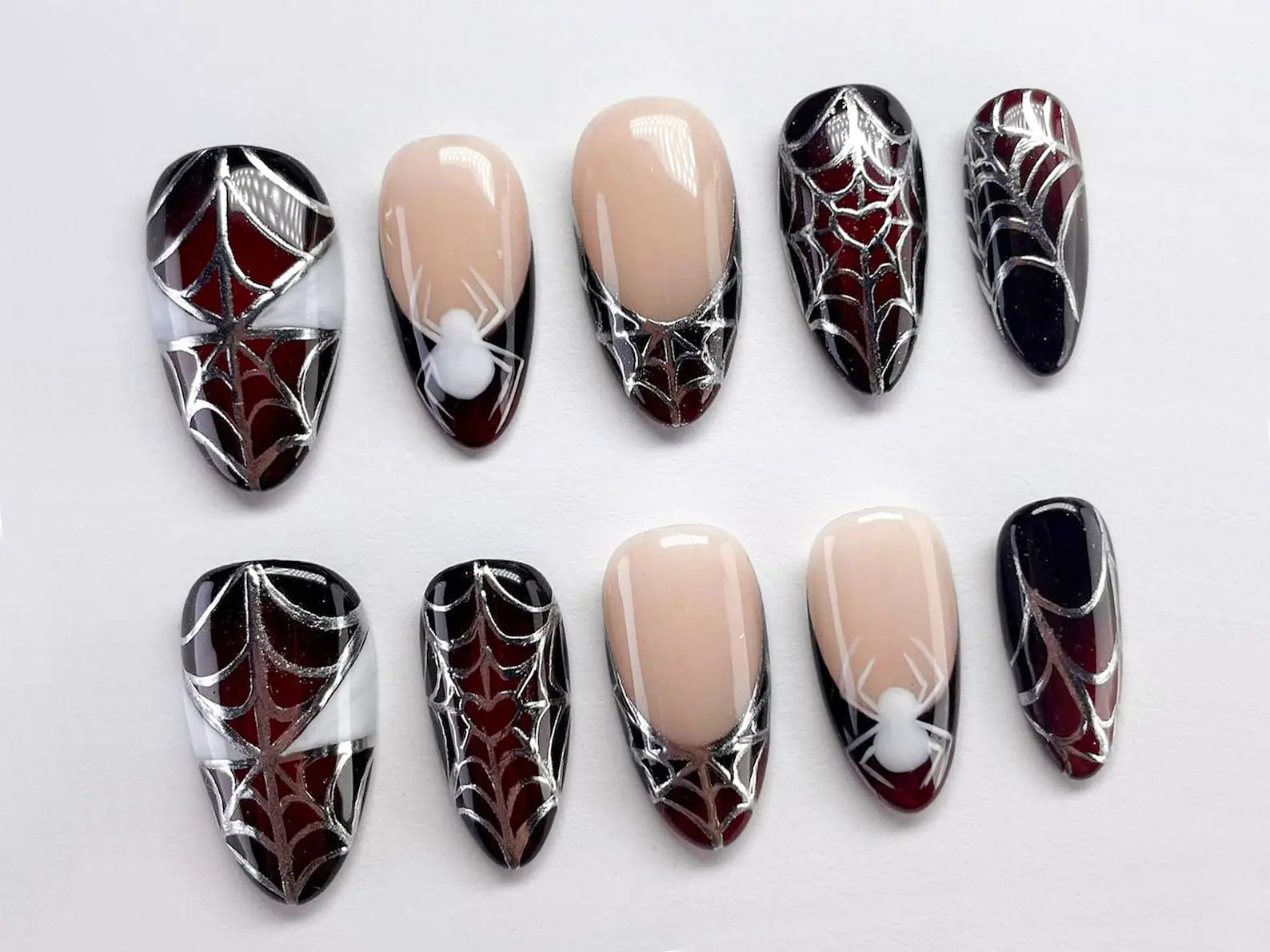 Halloween Spiderman Press On Nails | Acubi-Style Nails | Spider, Spiderweb Nail Set | 3D Silver Gel Nail Art | Almond Nails